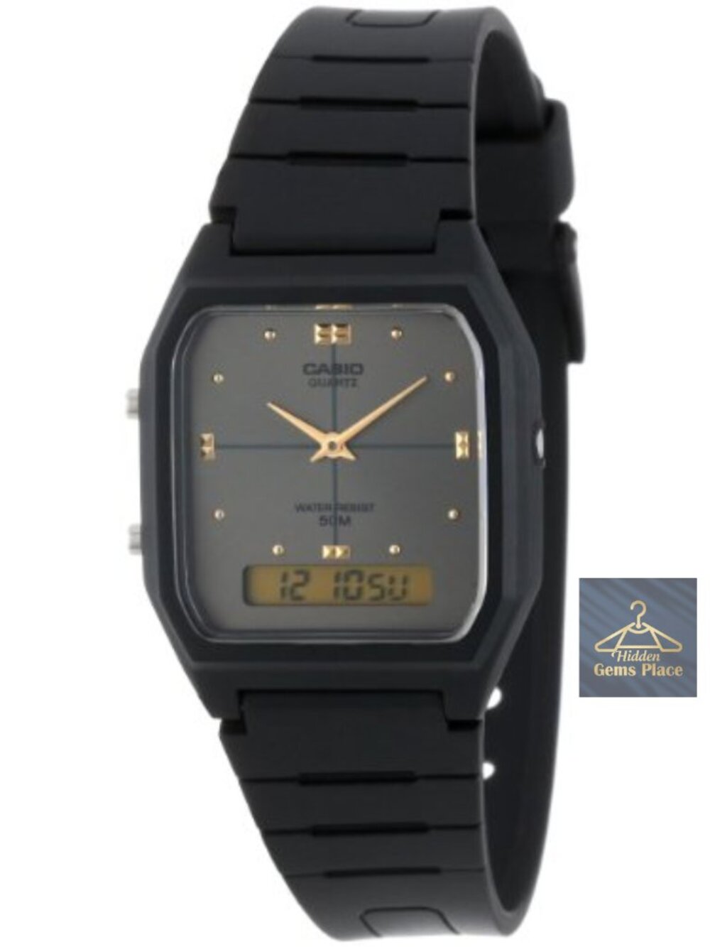 Men's Square Retro Ana-Digi Dual Time Watch, Resin Case & Band, Quartz, 50m
